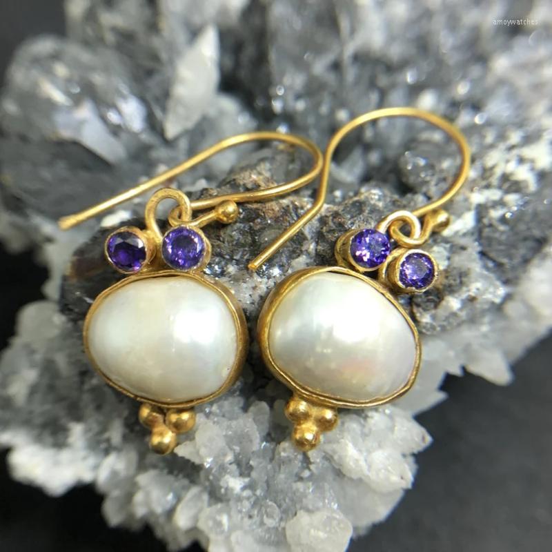 

Dangle Earrings Vintage Oval Inlaid White Stone Classic Gorgeous Gold Color Metal Purple Zircon Jewelry