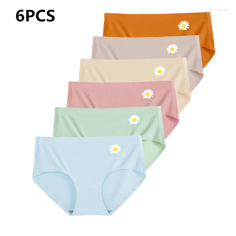 

Women's Panties 6Pcs Women Seamless Women's Solid Silk Mid Waist Print Female Underwear Lady Briefs Woman Knickers Underpant, 2orang2blue2green