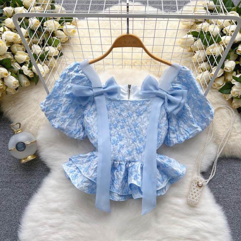 

Women's Blouses Korean Fashion Sweet Casual Women Summer Puff Short Sleeve Square Collar Butterfly Lace-up Femme Crop Shirts Tops Blusas, Green