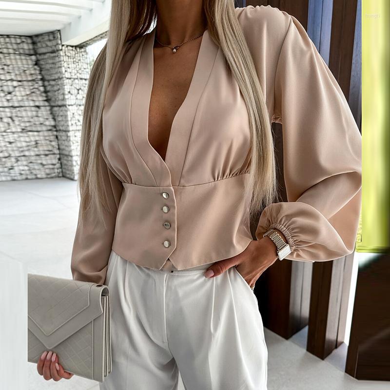 

Women' Blouses Office Elegant Commute Slim Waist Blouse Women Sexy Deep V Neck Button Solid Color Shirts Casual Lantern Long Sleeve Tops, 04 pink