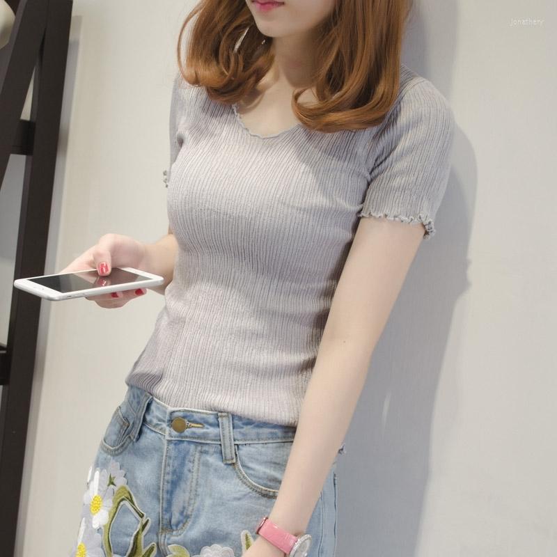

Women's Blouses Summer Thin Solid Color Basic T-shirt Fashion Edible Tree Women's Clothing Slim Commute Short Sleeve Knitted, Gray