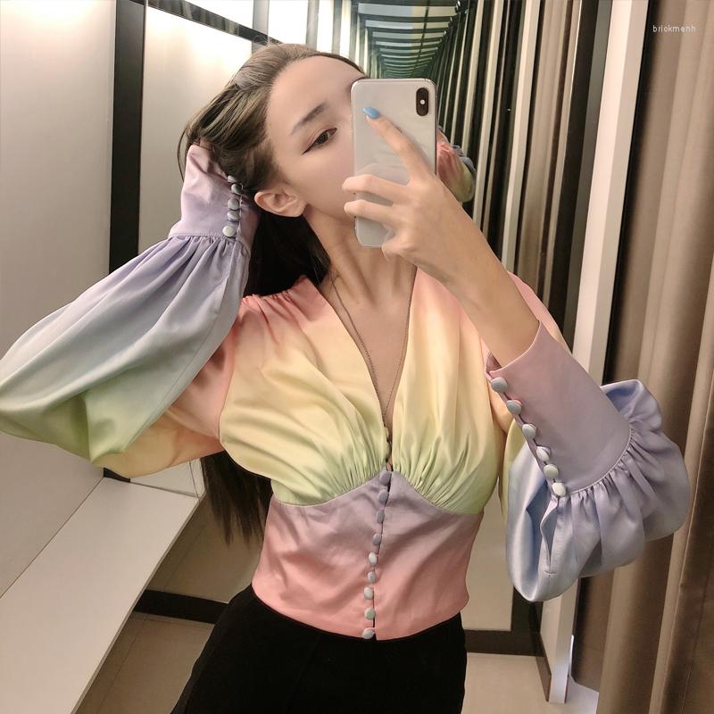 

Women's Blouses Rainbow Gradient Color Collect Waist V-neck Shirt Women's 2023 Spring Summer Fashion Lantern Sleeve Single Breasted, Multi