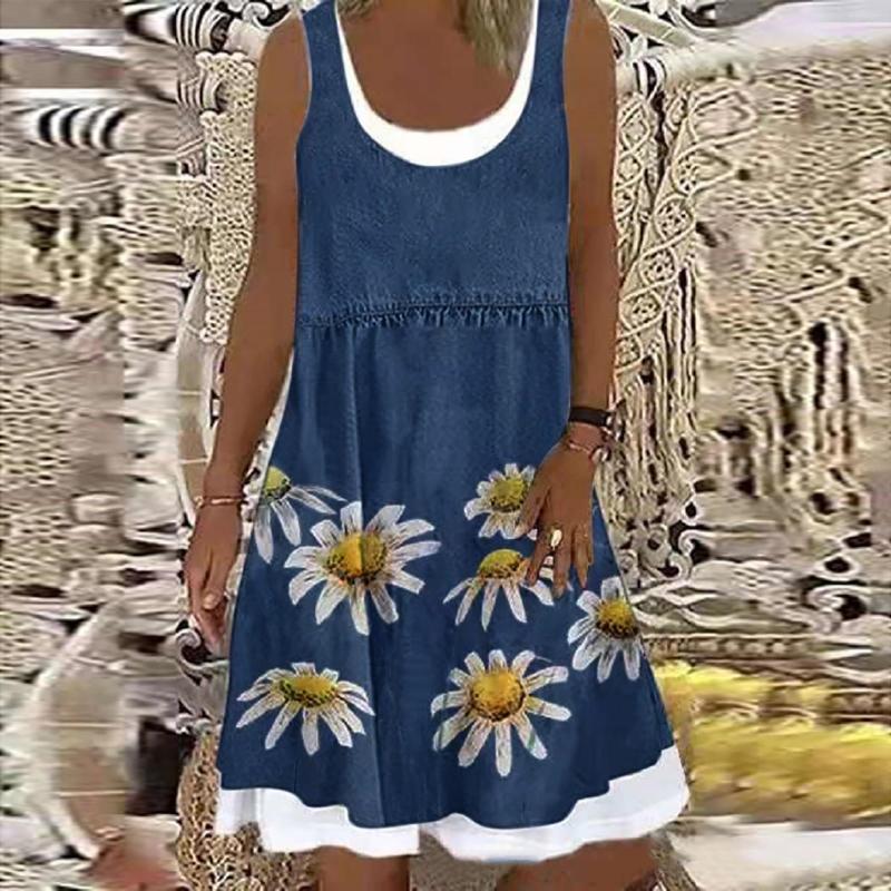 

Casual Dresses Wear Women's Dress Sleeveless Summer Print Fashion Sundress Vestidos O Ladies Loose Skirt 2023 Floral Neck Beach A-Line, White
