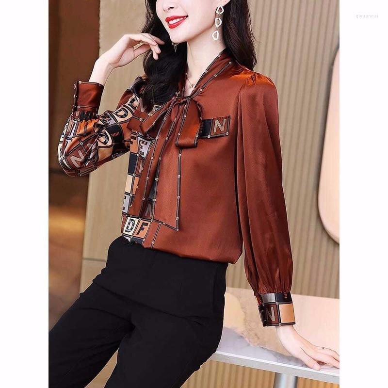 

Women' Blouses Heavy Mitigation Silk Shirt Blouse Female 2023 Stylish Satin Color Match Long-sleeved High-end Big Clothing Tops, Dark brown
