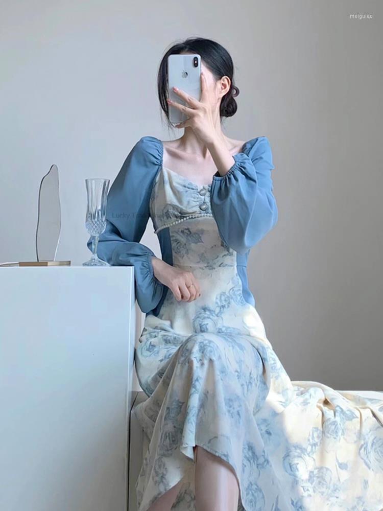 

Ethnic Clothing French Style Floral Dress Spring Summer Women's Collar Temperament Splicing Long-sleeved Young Lady Qipao