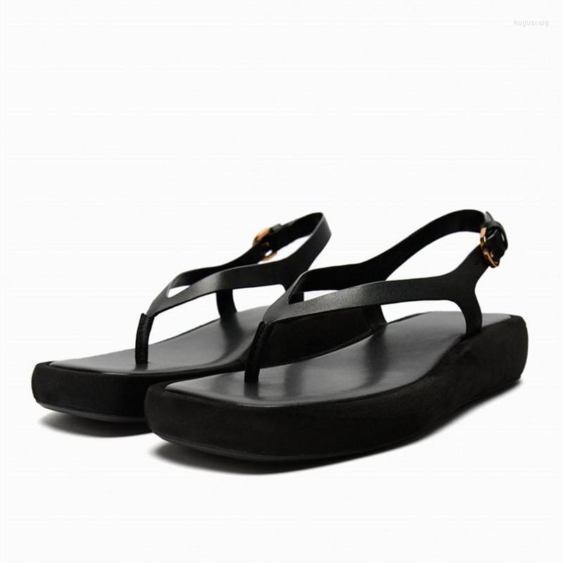 

Sandals 2023 TRAF Women Black Flat Flatform Summer Soft Leather Flip-flops Sexy Chunky Flats Plus Size Beach Shoes