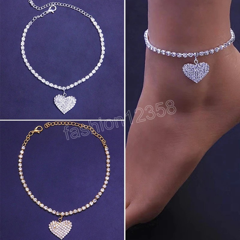 

Fashion Heart-shaped Pendant Anklet Shiny Crystal Rhinestone Chain Bracelet Ankle Beach Foot Chain Party Jewelry Gifts For Women