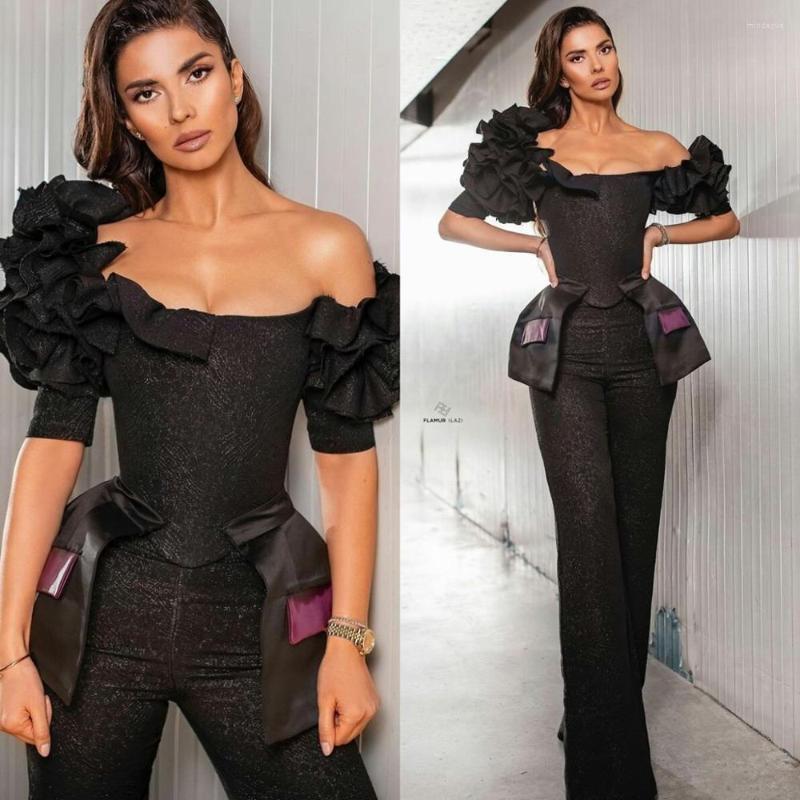 

Party Dresses Black Lace Jumpsuits Prom African Ruffles Off The Shoulder Evening Dress Plus Size Formal Pants Pageant Gowns, Blue