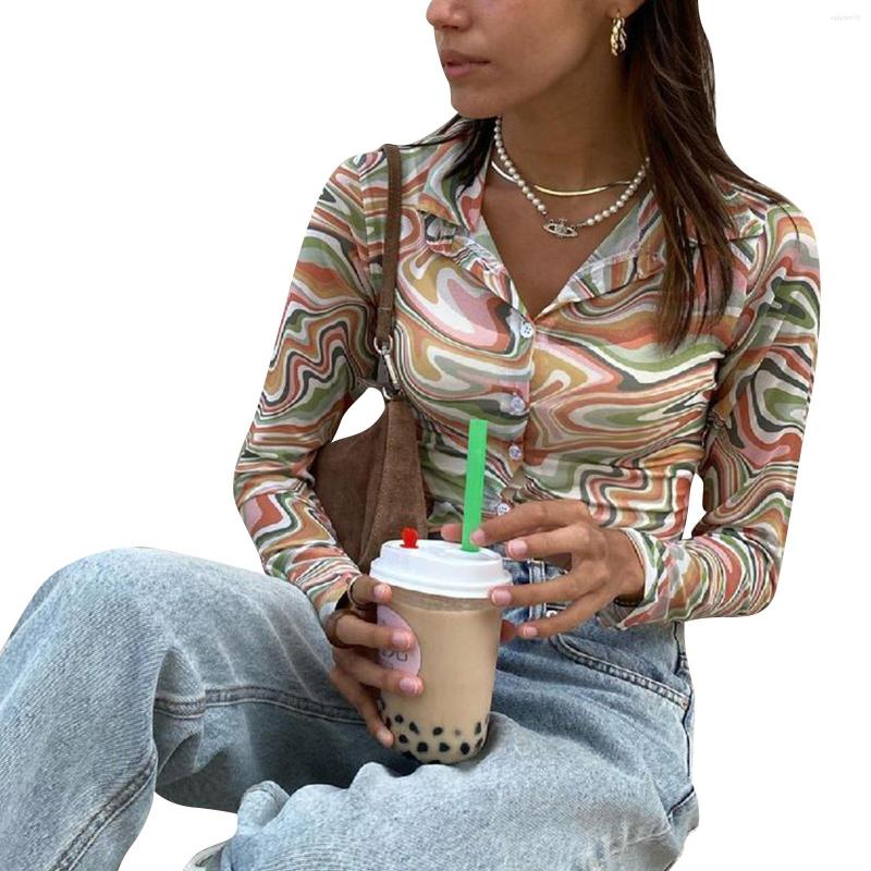 

Women' Blouses 2023 Fashion Vintage Shirt Women Long Sleeve Turn-Down Collar Water Ripple Print Slim Fit Sexy Casual Short Tops