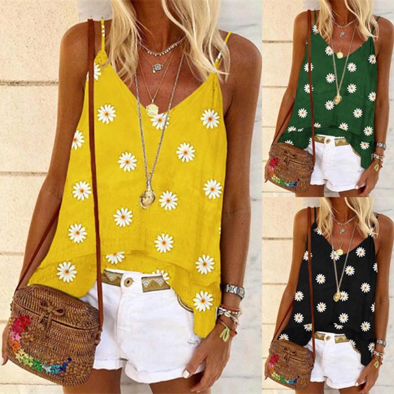 

Camisoles & Tanks Fashion Women V-Neck Daisy Print Sleeveless Vest Camisole Blouses Tank Tops, Black