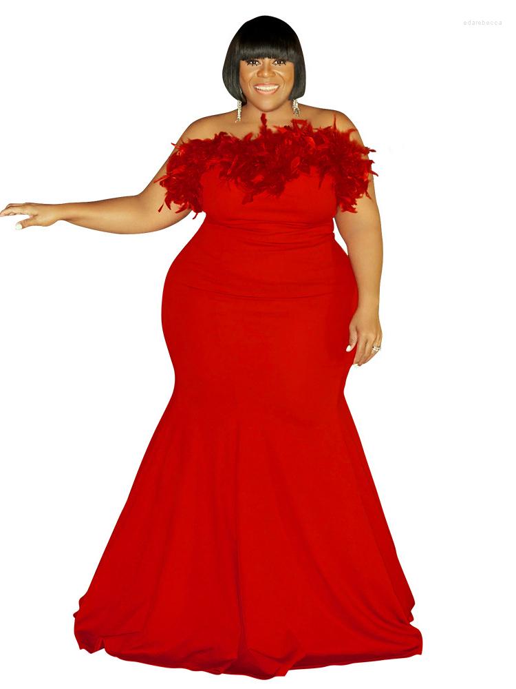 

Plus Size Dresses Mermaid Dress Women Slash Neck With Feather Sleeveless Robes Fashion Sexy Elegant Oversize Party Maxi Long, Red