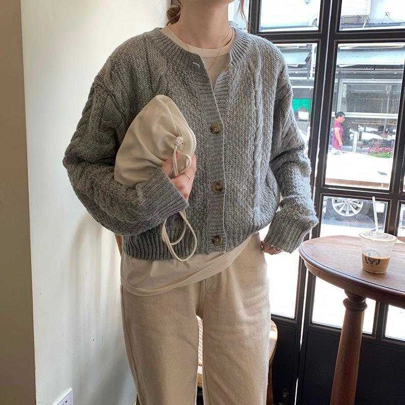 

Hemp Pattern Gray Sweater Coat Womens Autumn Retro Crew Neck Short Top Thin Long, Grey sweater