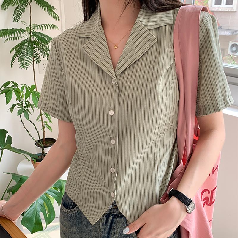 

Women's Blouses 2023 Summer Korean Fashion Classic Vertical Striped Short For Women Shirt With Sleeves Tops, Apricot