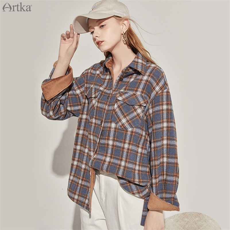 

Women' Blouses Shirts Autumn Women Blouse Vintage Plaid Casual Shirts Thicken Warm Wool Shirt Outerwear Loose Corduroy Shirts SA20100Q 230414, Blue