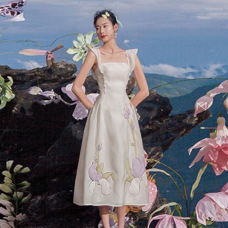 

Casual Dresses 2023 Summer 3D Flower Print Elegance Sleeveless Long Dress Women' High-End Waist-Controlled White Maxi