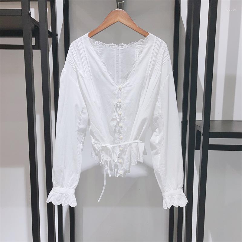 

Women' Blouses 2023 Spring And Summer Embroidered Scallop Lace Deep V-neck Pleated Striped Tie Waist Women Shirt, White