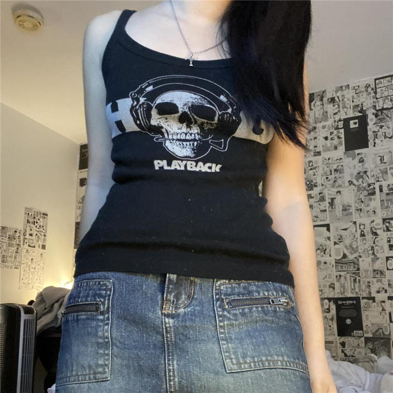 

Camisoles Tanks Dour y Gothic Letter Skull Print Tank Top Women Sleeveless Vest y2k E Girl Clothes Dark Academia Punk Graphic Casual Tees 230413, Black