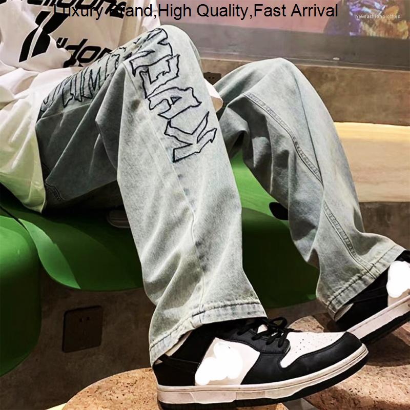 

Men's Jeans Women Men's Hip Hop Male Black Printed Y2K Baggy Man Retro Vintage Denim Straight Trousers Wide Leg Pants For Men