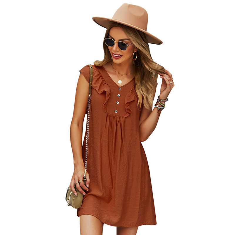 

V-neck A-line Women's Casual Dresses Pullover Ruffles Buttons Front Ruched Bust High Waist Mini Short Length Short Sleeves Slash Pockets Basic Style Spring Summer, Army green