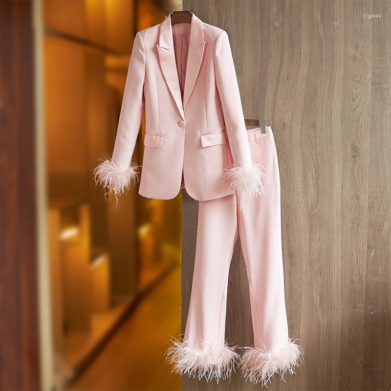 

Women' Two Piece Pants Top Quality Women Blazer Suits Designer Fashion Feather Hem Set Elegant Ladies Formal Business Party Outfit, Black