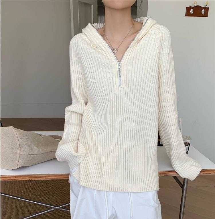 

Casual Hooded Long Sleeve Sweater Zipper Knitwear Womens Autumn And Winter Lazy, Beige
