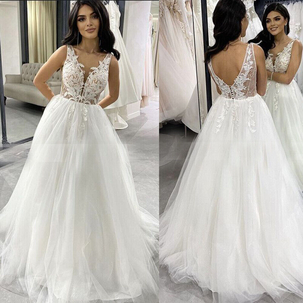 

Deep V-neck A-line Wedding Dress Beach Lace Applique Sleeveless Bohemian Bridal Dress, White