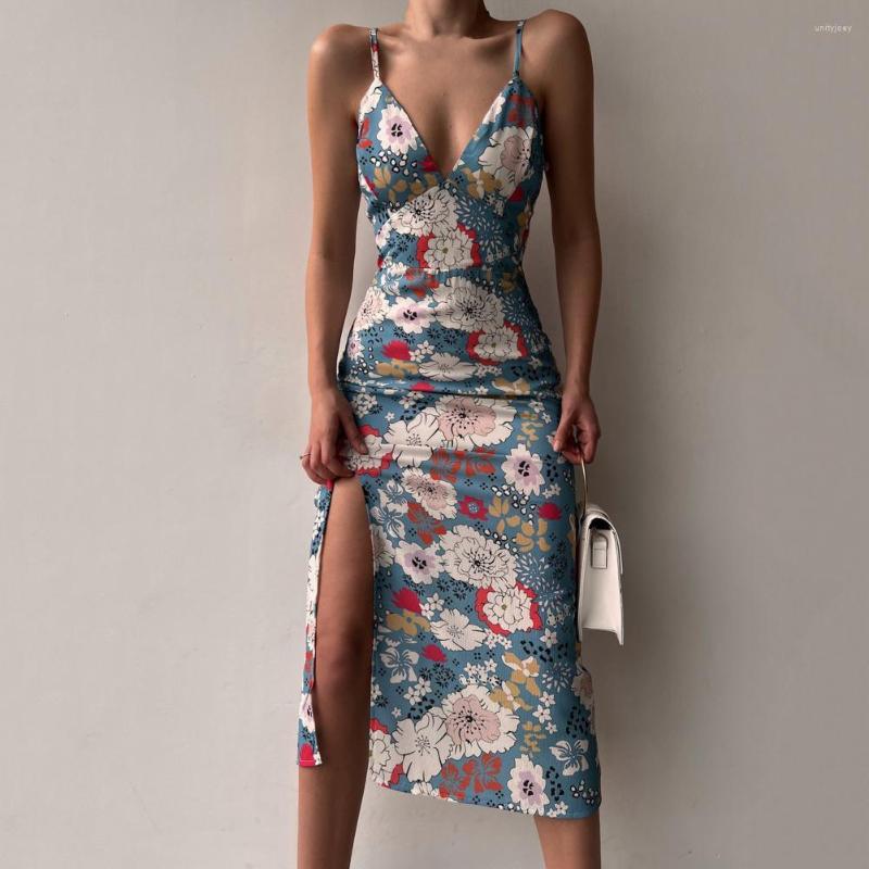 

Casual Dresses Retro Floral Print Sleeveless Sling Dress Deep V-neck Waist Tight Hip Wrap Backless Side Split Hem Lady Female Clothing, Green