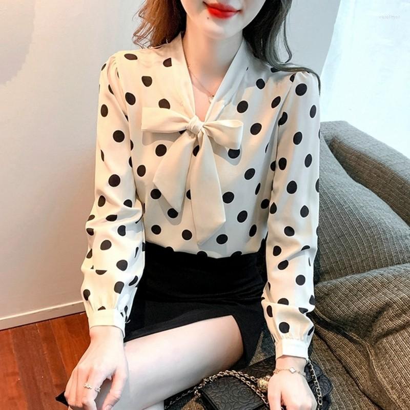 

Women' Blouses 2023 Spring Autumn French Commuter Polka Dot Print Chiffon Shirt Women' Bow Long-sleeved, Picture shown