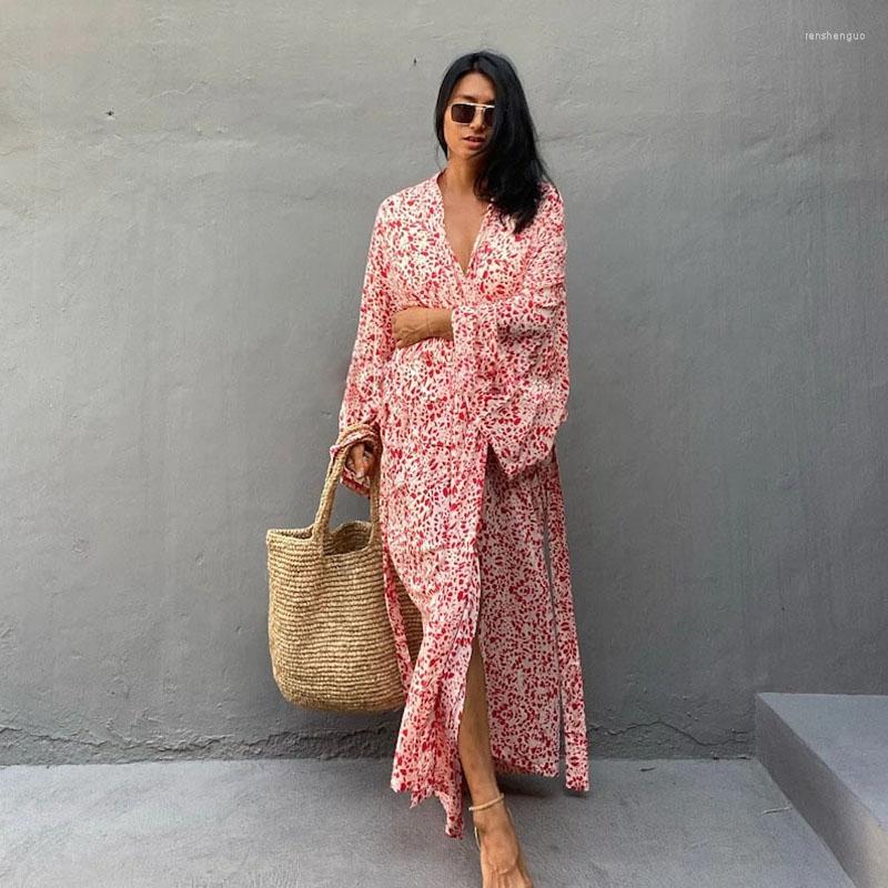 

Women's Trench Coats Pink Polka Dot Oversized Coat For Women Beach Style Rayon Belt Kimono Seaside Resortwear Cover Ups Overall Cardigan