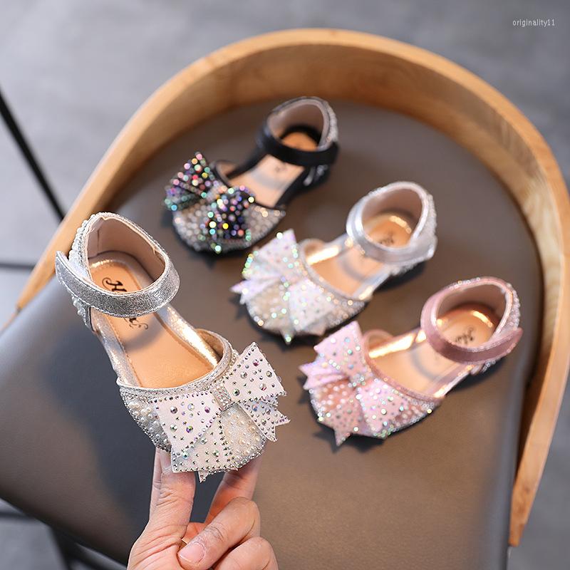

Athletic Shoes Girls Leather Flat Kids Sandals Summer Pearl Rhinestone Bow Princess Little Girl Size 21-35 SHS075, Shs075-silver