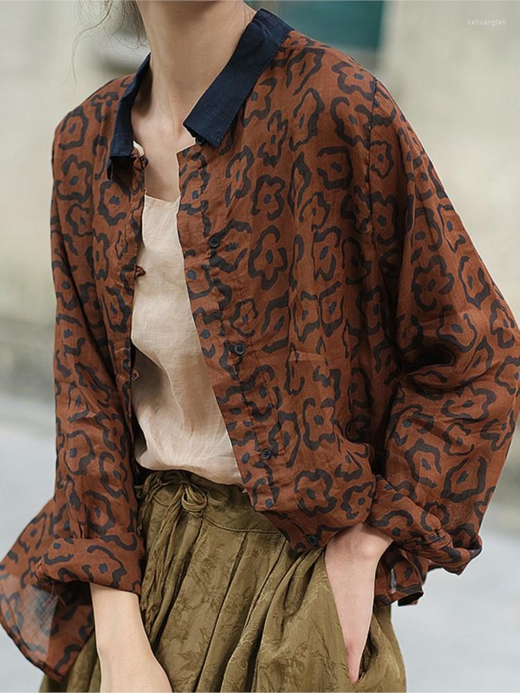 

Women's Blouses Ramie Shirt Women 2023 Spring Summer Cardigan Button Print Casual Tops Retro Female Loose All-match Blouse, Brown