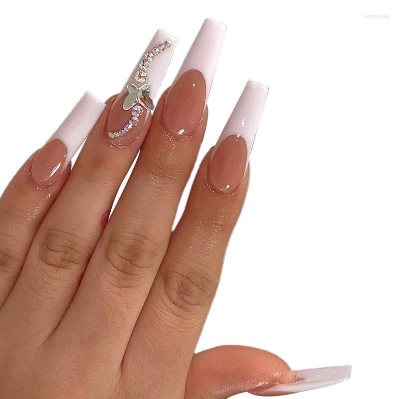 

False Nails 24pcs White Butterfly Wear Long Paragraph Fashion Manicure Patch Save Time Wearable Nail SANA889, As show