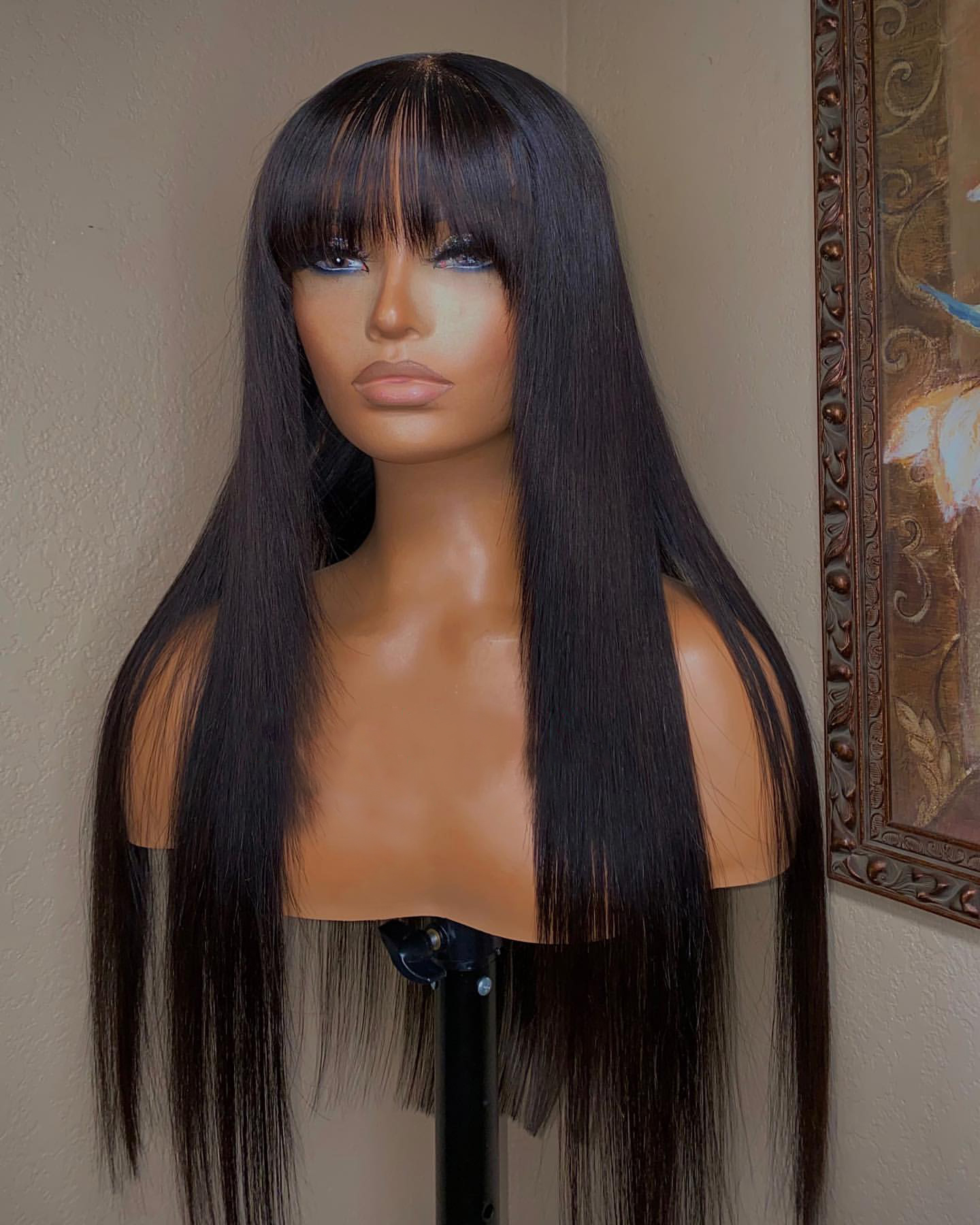 

Brazilian Hair Straight Wig With Bangs Fringe Bob Human Hair Wig For Women Glueless None Full Lace Wig Synthetic Heat Resistant, Wig cap