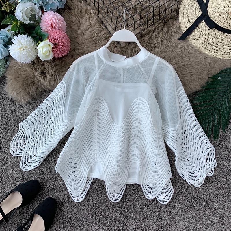 

Women's Blouses Korean Women's Spring Summer Sexy Hollow Out Lace Shirt Black White Tops Female Flare Sleeve Irregular Wave Loose Mesh