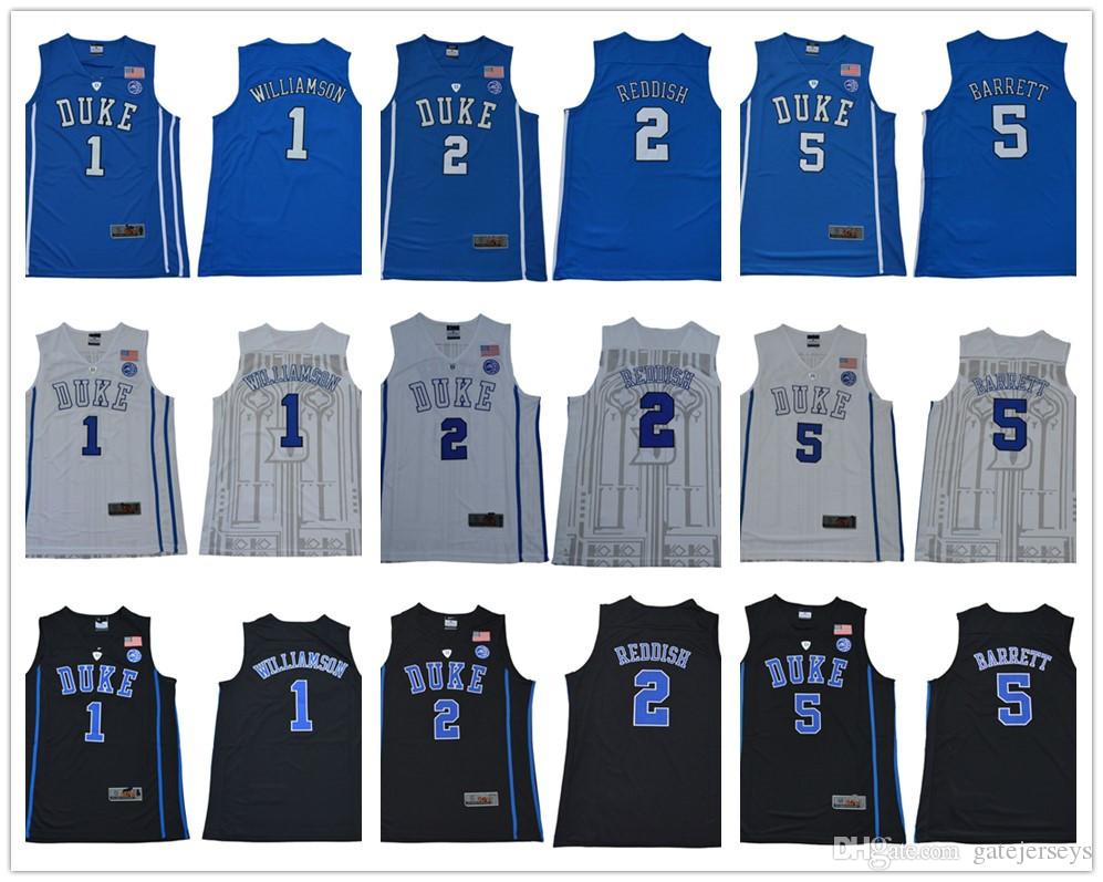 

New Fashion Mens NCAA 1 Zion Williamson Duke Blue Devils College Jersey 5 R.J. RJ Barrett 2 Reddish 1 Kyrie Irving Basketball Jerseys Blue W, 2 cameron reddish white