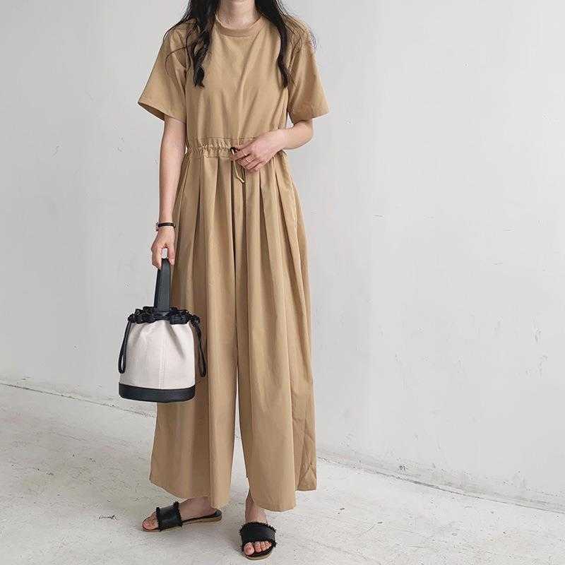 

Korean Style Loose Womens Shorts Waist Drawstring Design Round Neck Short Sleeve, Black