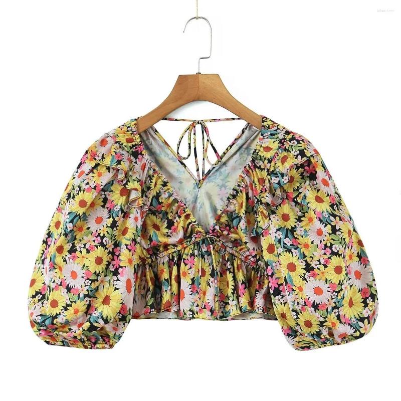 

Women' Blouses Elegant Ruffled Blouse Women Fashion Lace-Up V Neck Shirt Sleeve Vintage Floral Lady Beach Crop Tops Blusas