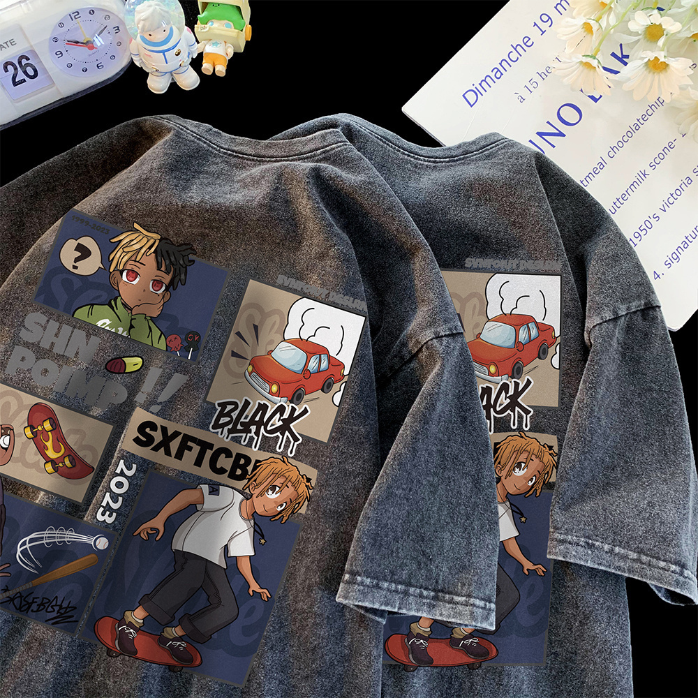 

Men's TShirts 2023 American fashion brand washed old heavy shortsleeved Tshirt summer high street pure cotton threequarter sleeve 230414, Wash black1514