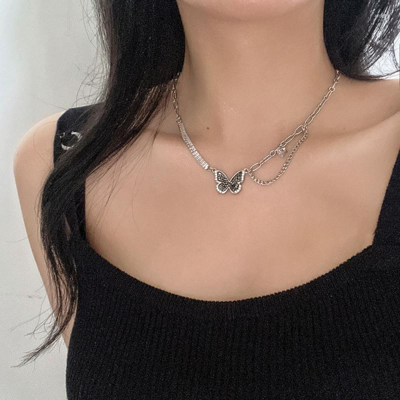 

Pendant Necklaces Black Zirconia Butterfly Pendants Necklace For Women Korean Style Fashion Hip Hop Patchwork Chain Jewelry