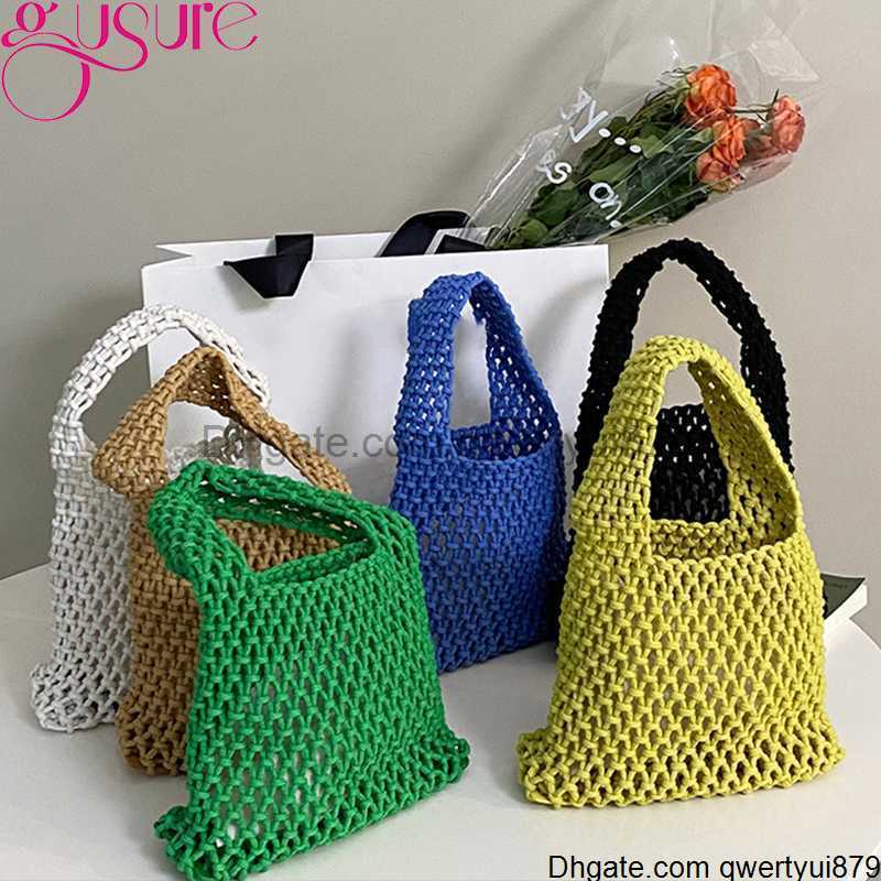 

qwertyui879 Gusure Simple Hollow Out Shoulder Bag Women Summer Beach Travel Shopper Tote Mesh Rope Weaving Straw Net Bags Ladies Handbags 413SMT, B-blue