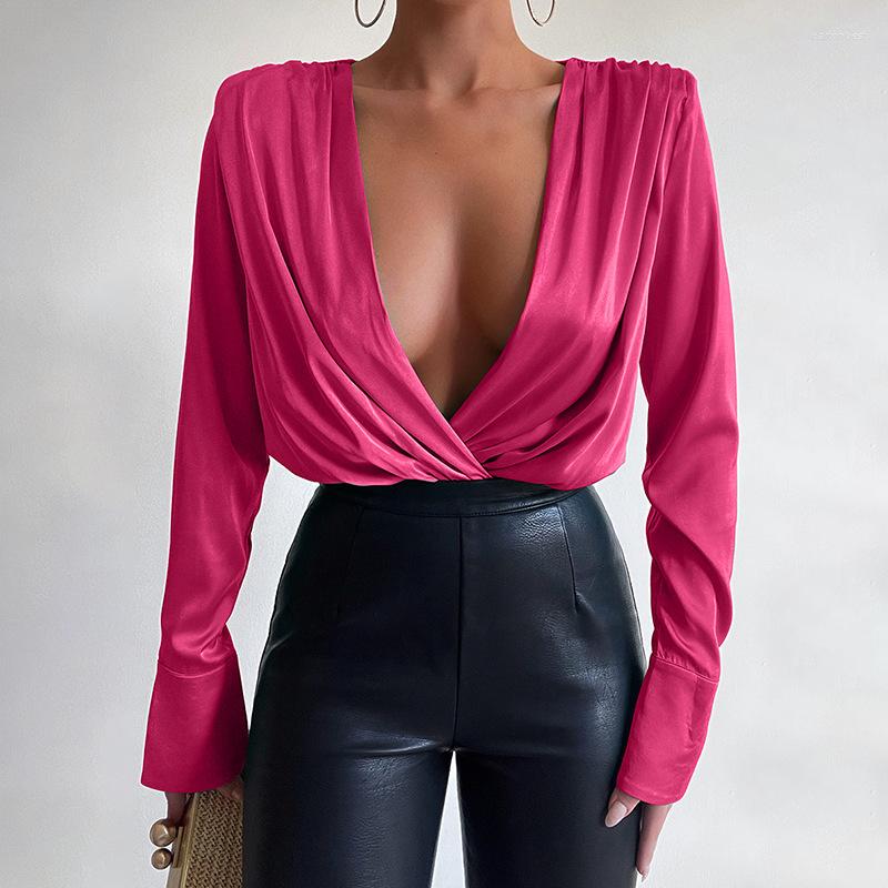 

Women' Blouses Elegant V-neck Silk Blouse Vintage Long Sleeve Sexy Bodysuit Solid Satin Shirt Women Spring Loose Green Office Lady Tops, Rose red