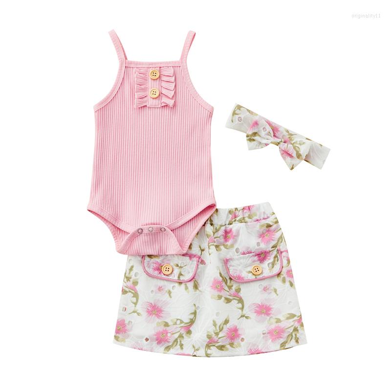 

Clothing Sets Baby Girl Romper Suit Ribbed Sleeveless Sling Jumpsuit Print Design High Waist Cute Skirt Set, Pink
