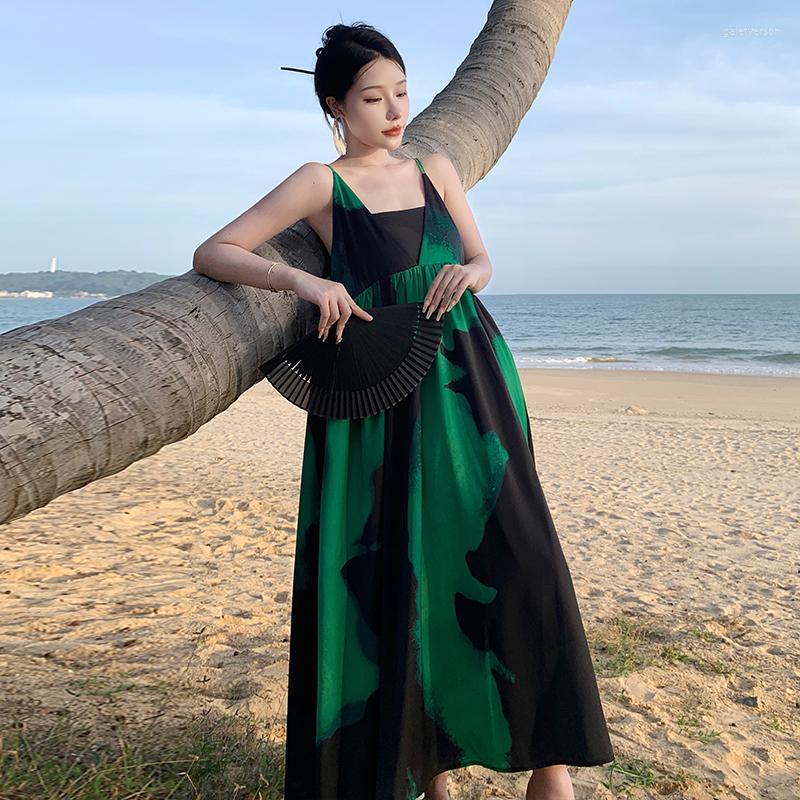 

Casual Dresses Gaodinglan Women Sleeveless Green Halo Staining Tourism Holiday Halter Dress Backless Long Maxi Summer Beach Clothes, 9733
