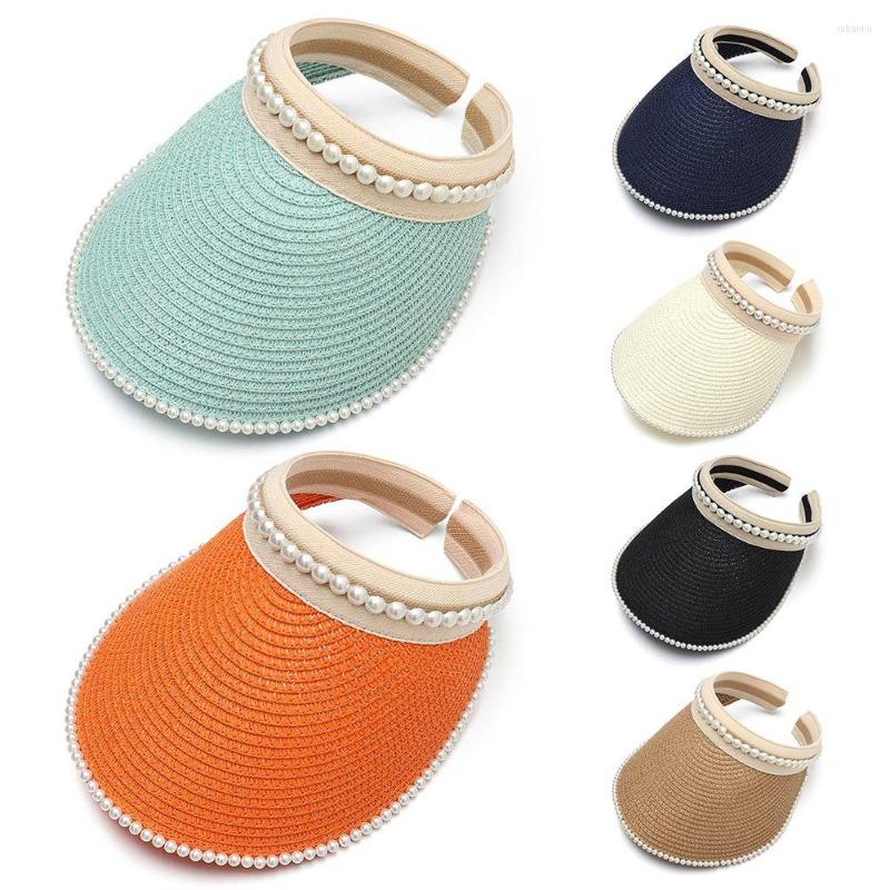 

Wide Brim Hats Summer Empty Top Sun Visor Hat Casual Pearls UV Protection Women Beach Fashion Vintage Straw Cap, Sky blue
