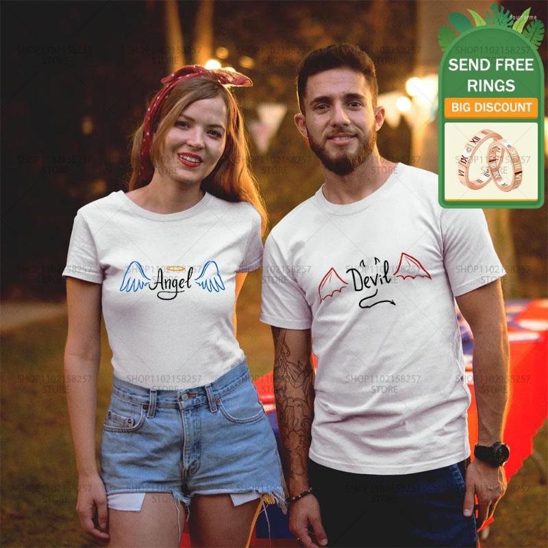 

Women's T Shirts Summer Women Men Angle Devil Print CottonT-Shirt Couples Short Sleeve Graphic Tee Clothing Blouses Basic Lover Streetwear, White2-women