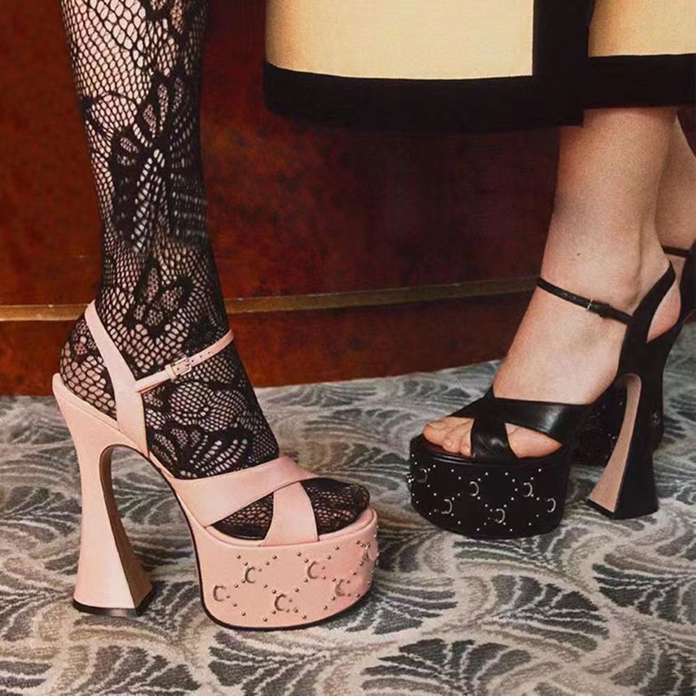 

Waterproof platform sandals with interlocking cross ankle strap horseshoe Open-toe dress shoes Luxury designer high shoes women party factory footwear, Silver