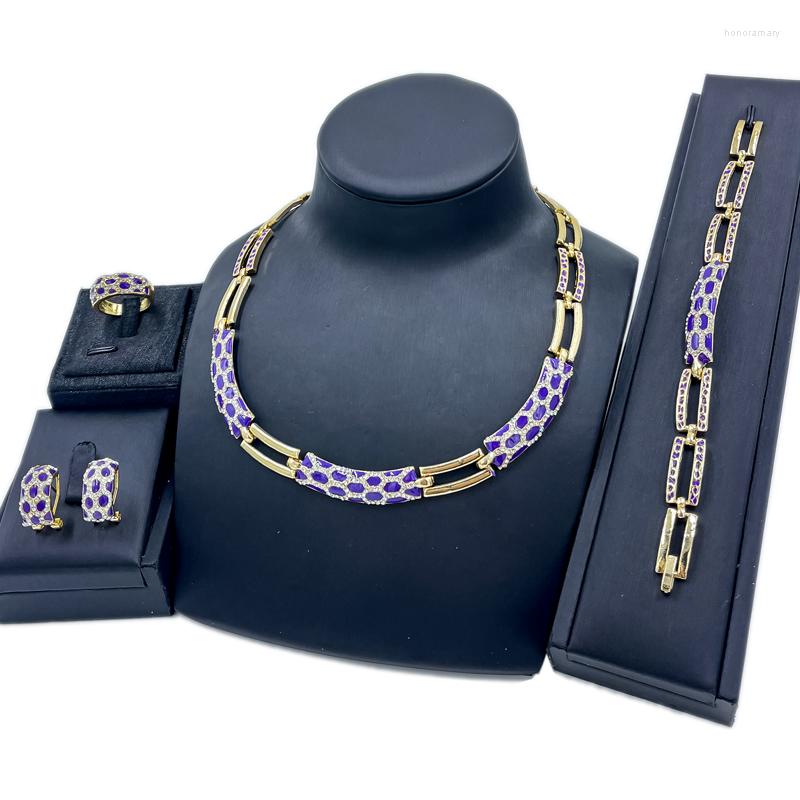 

Necklace Earrings Set African Vintage Purple Enamel Bracelet Crystal For Women Birthday Gift Wedding Ring Fashion, Picture shown
