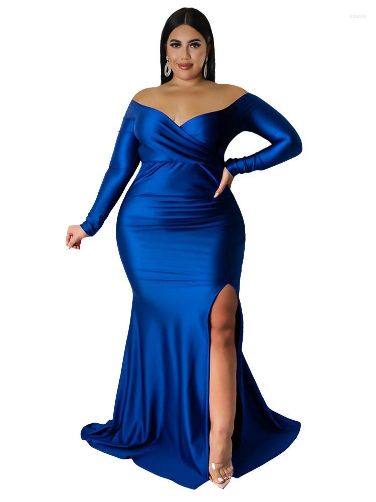 

Plus Size Dresses Mermaid Dress Women Empire V Neck Split Robes Autumn Fashion Elegant Sexy Oversize Party Maxi Long Vestidos, Blue