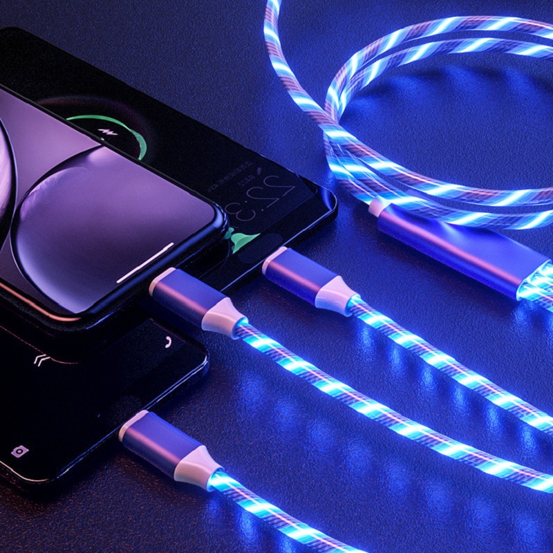 

3 in 1 Fast Charger LED Flowing Light Type C Cables Quick Charging Line 2A Micro USB Cable Chargers Cord 110cm, Mixed color