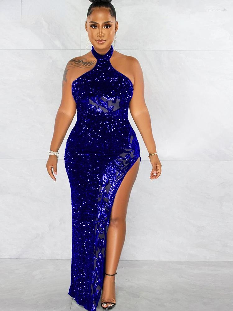 

Casual Dresses Glitter Black Sequins Mesh Details Halter Maxi Elegant Off Shoulder High Slit Bodycon Party Clubwear, Red